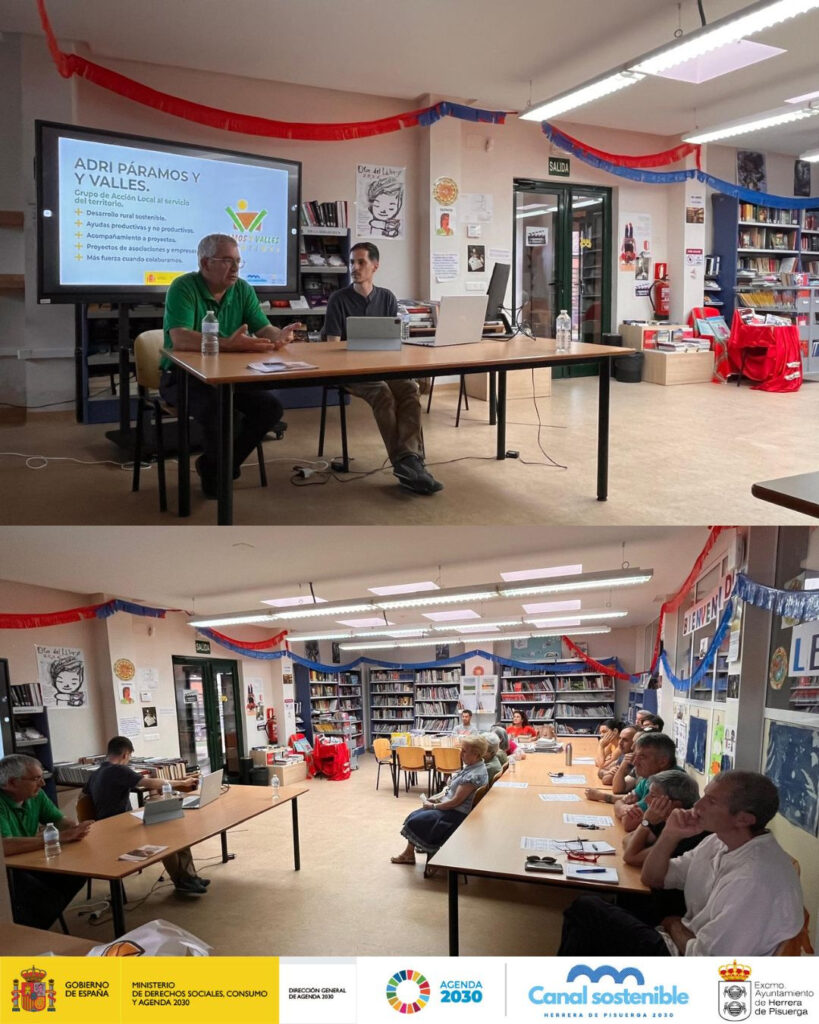 Jornada de la Red Horizonte 2030 celebrada en la Biblioteca Municipal de Herrera de Pisuerga, con representantes de asociaciones y entidades locales durante la intervención de ADRI Páramos y Valles.