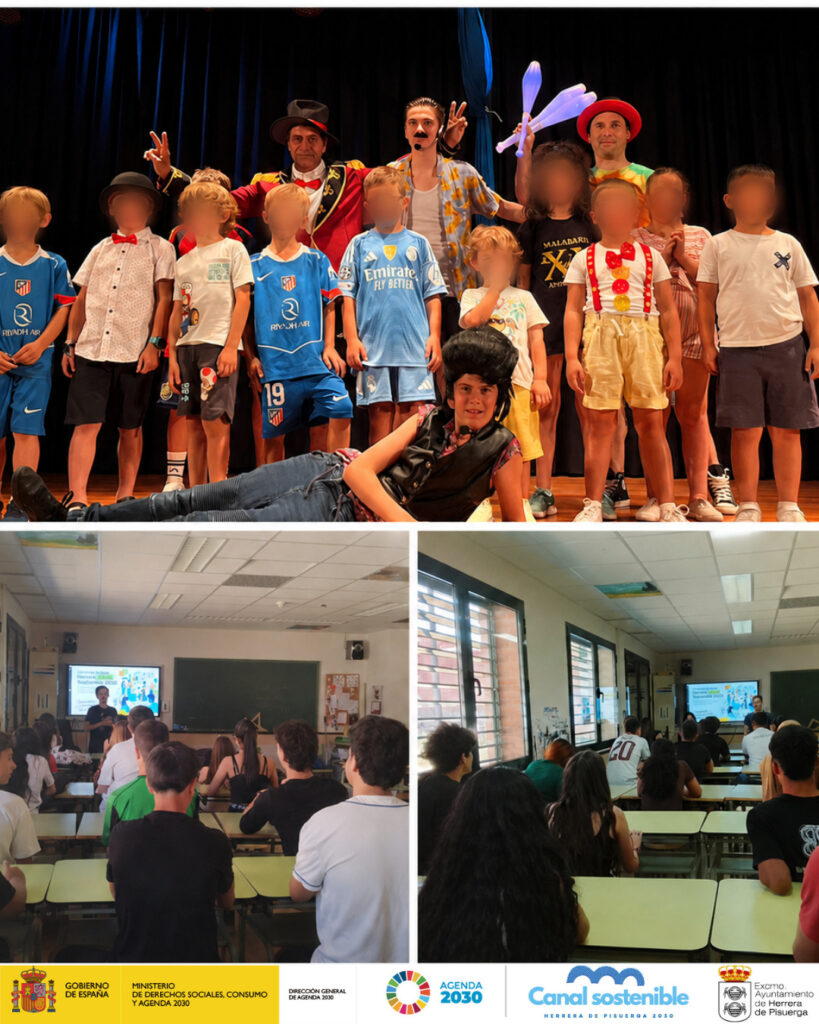 Composición de participación juvenil en Herrera de Pisuerga con una actividad de circo y sesiones de escucha con alumnado del IESO La Ojeda-Boedo, dentro de Herrera Joven Sostenible 2030.