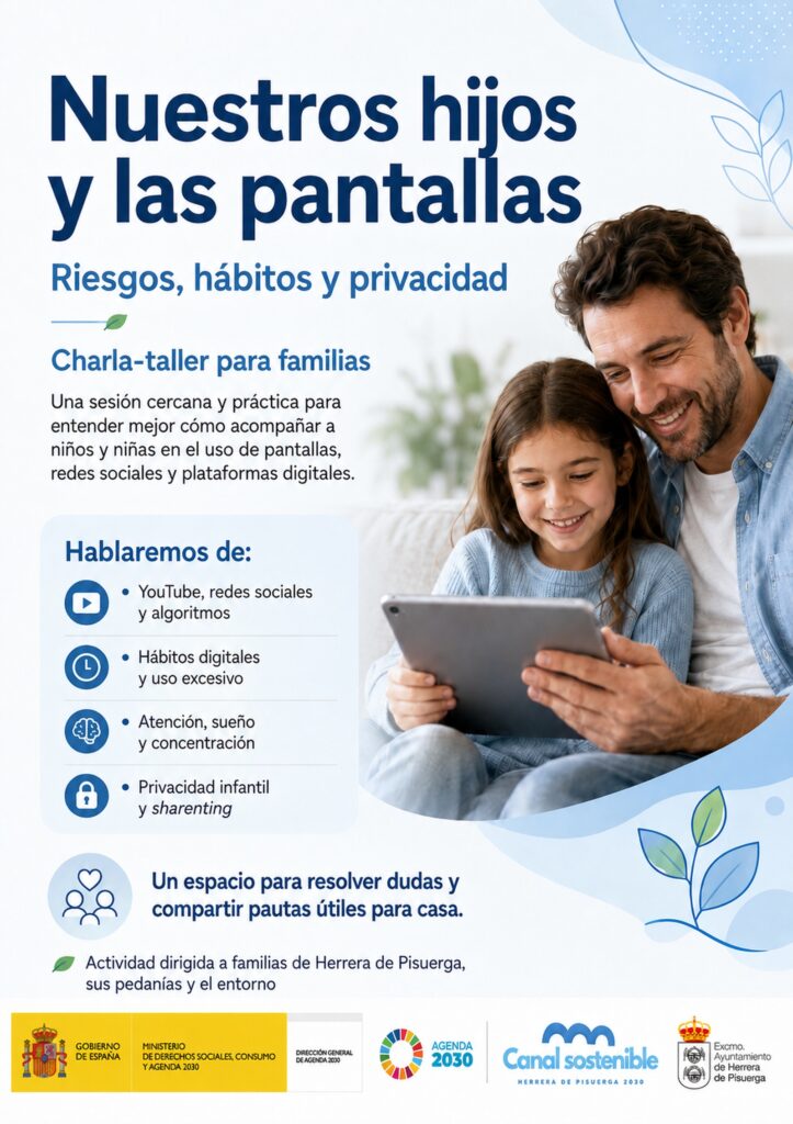 Cartel de la charla para familias sobre pantallas, redes sociales, hábitos digitales y privacidad infantil.