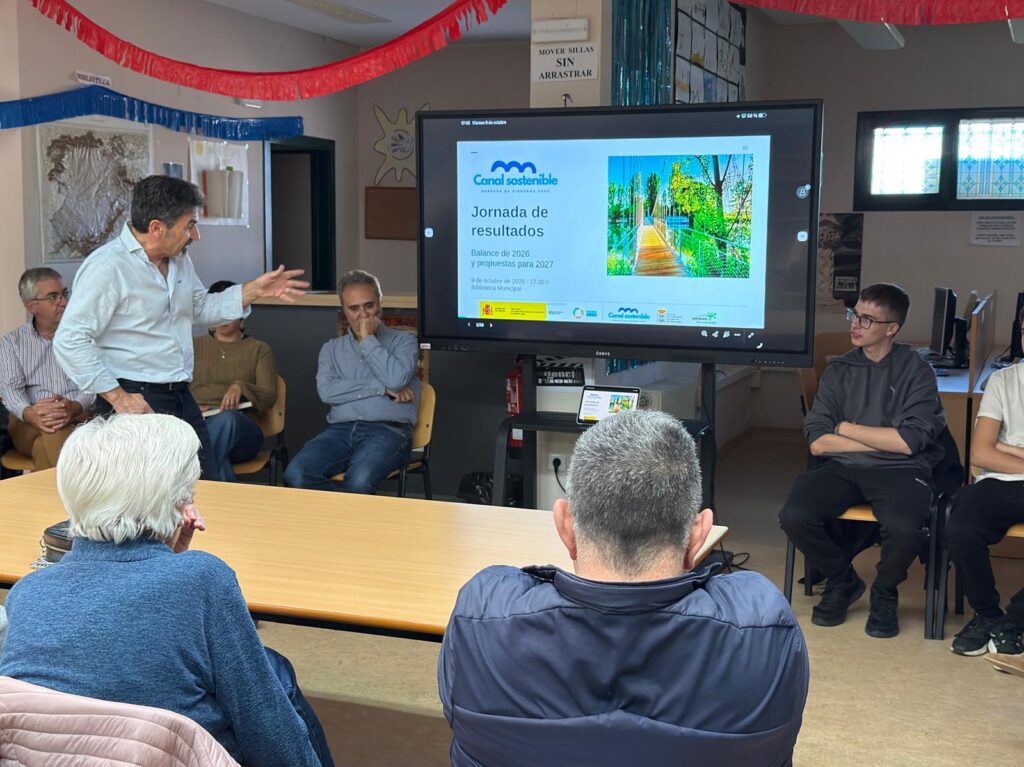 Jornada de resultados de Canal Sostenible celebrada el 9 de octubre de 2026 en la Biblioteca Municipal de Herrera de Pisuerga.